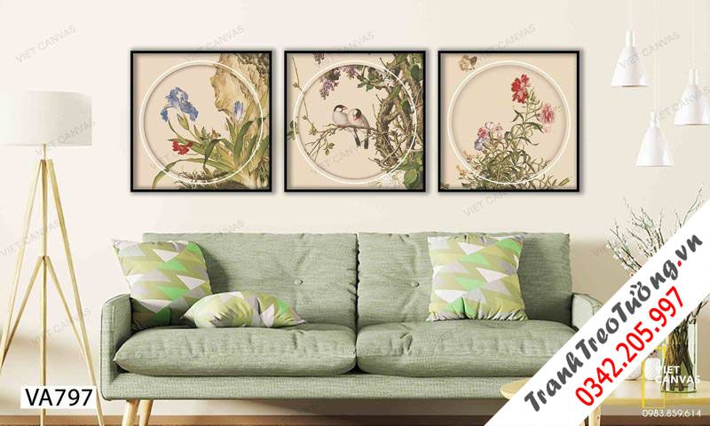Bộ 3 Tranh Chim Đậu Trên Cành Hoa