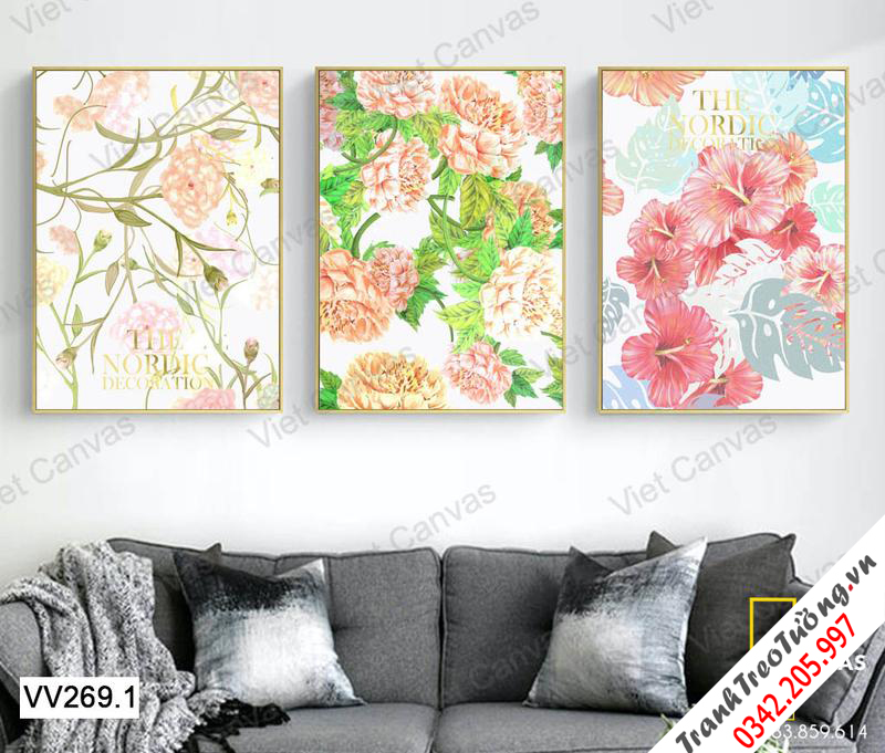 Bộ 3 Tranh Hoa Râm Bụt Và Mẫu Đơn