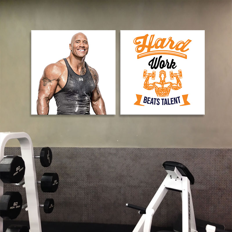Combo 2 hình ảnh phòng tập gym chất lượng cao “Hard work beats talent” M1