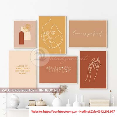 Tranh bộ 6 bức tranh tối giản trừu tượng mặt người và bàn tay-88-80