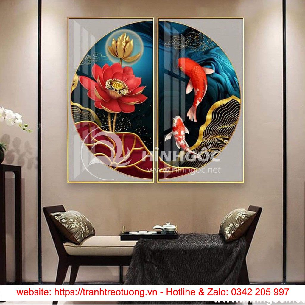 Tranh bộ 2 bức cá chép và hoa sen-COF-174