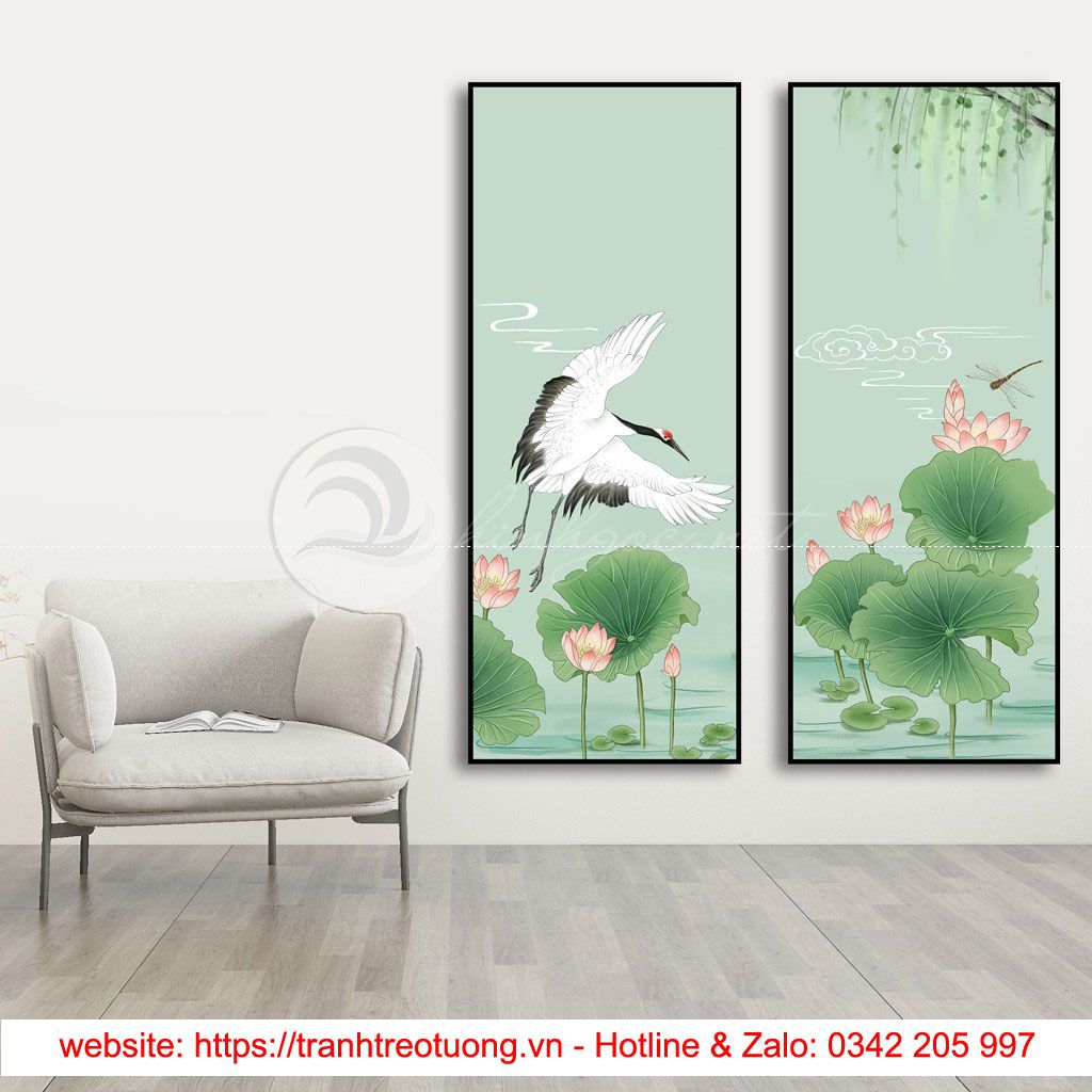 Tranh bộ 3 bức  hoa sen và chim-COF-577