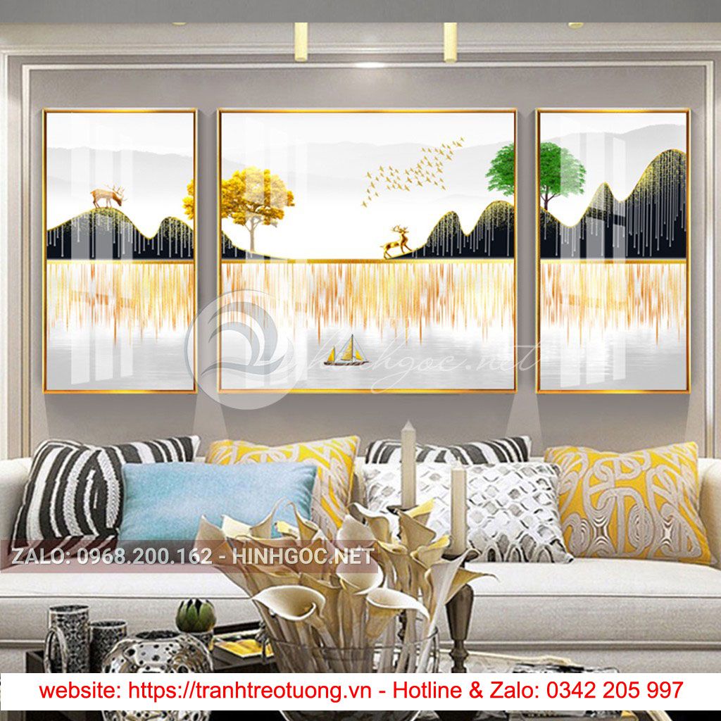 Tranh bộ 3 bức hươu đứng trên núi, cây trừu tượng-PLT-S-1070