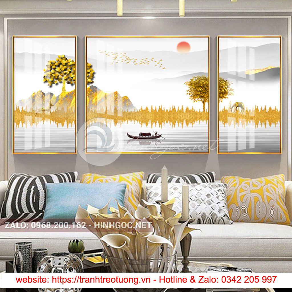 Tranh bộ 3 bức ghép cây tuần lộc, thuyền trên sông, trừu tượng-PLT-S-1137