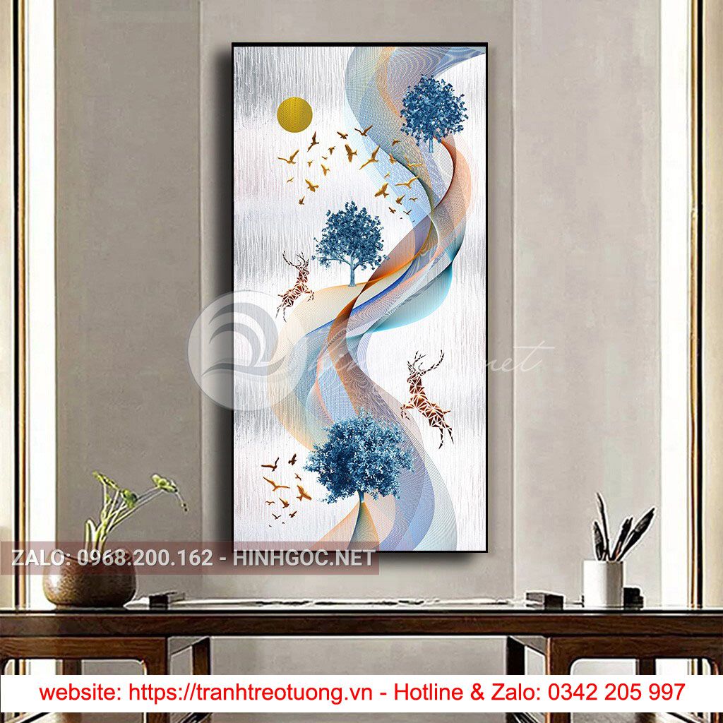 Tranh treo tường, hươu đứng trên dải vân, đàn chim, cây nghệ thuật-PLT-S-1611