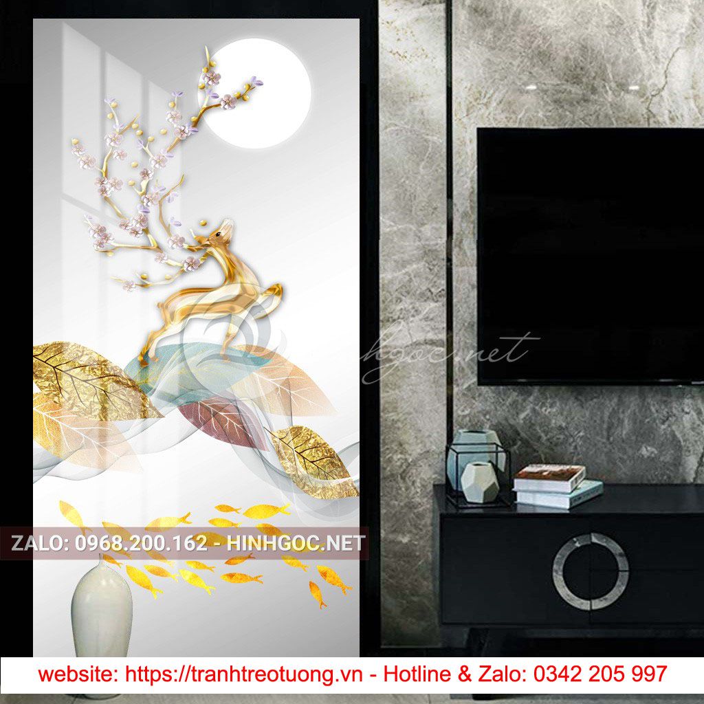 Tranh treo tường, hươu đứng trên lá sắc màu trừu tượng-PLT-S-1721