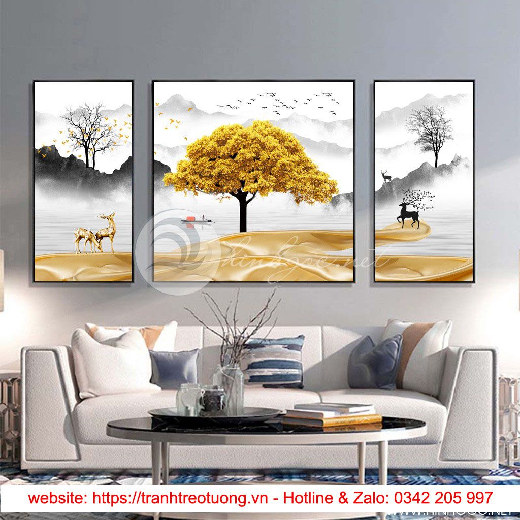 Tranh bộ 3 bức cây tuần lộc vàng, hươu trừu tượng-SLH-145