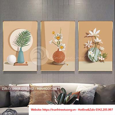Tranh trừu tượng bộ 3 bức tranh lọ hoa lá hình line art-XG5-24
