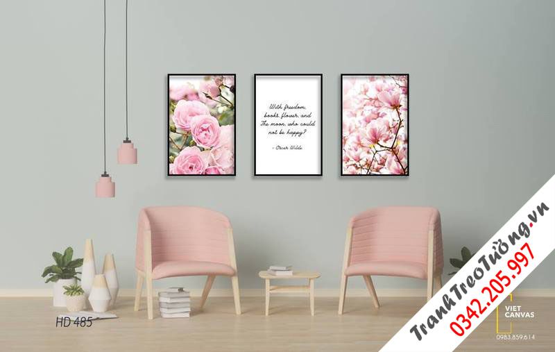 Bộ 3 Tranh Hoa Hồng, Hoa Đào Và Quotes