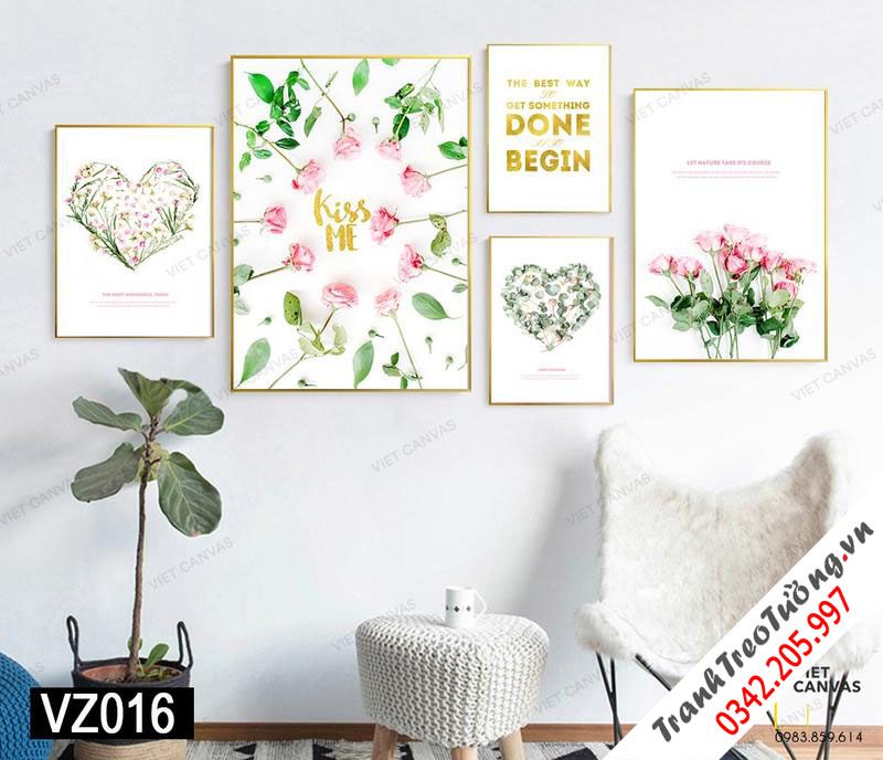 Bộ 5 Tranh Hoa Hồng, Trái Tim Và Quotes