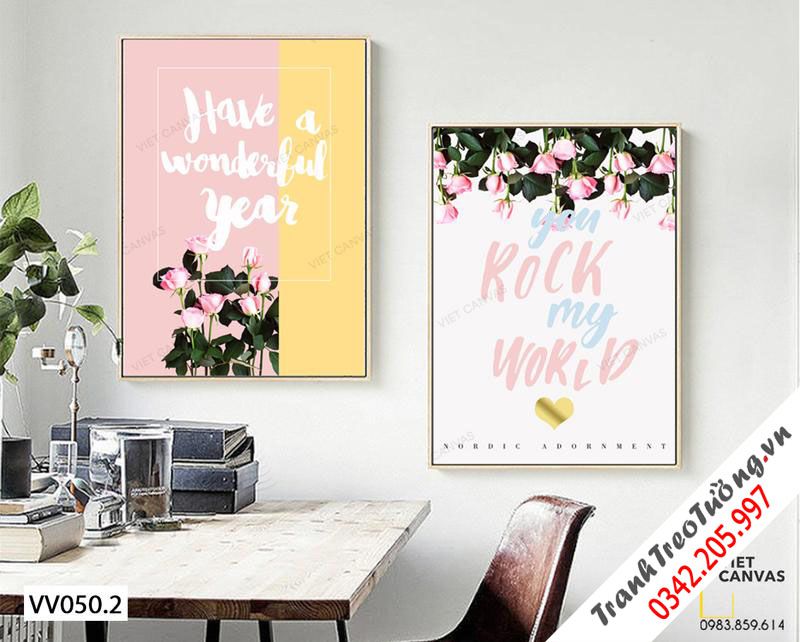 Bộ 2 Tranh Đoá Hồng Và Quotes