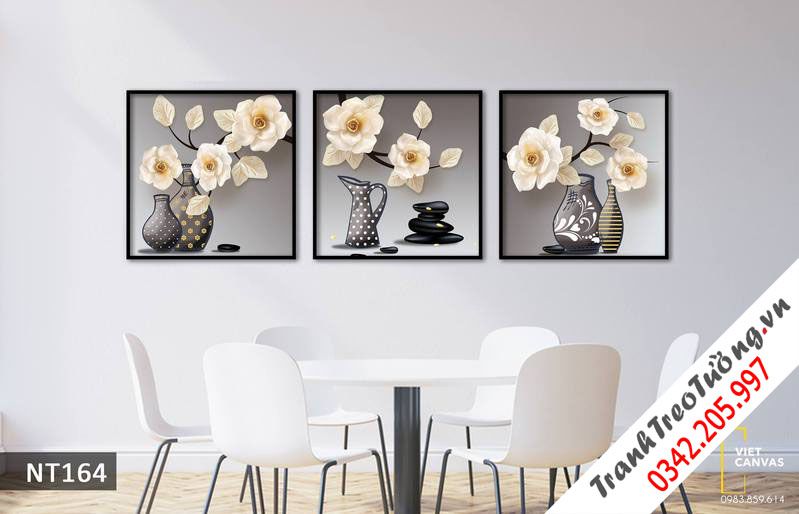 Bộ 3 Tranh Bình Hoa Trắng Nhẹ Nhàng