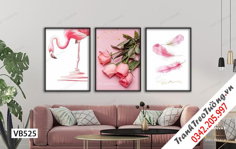 Bộ 3 Tranh Hồng Hạc, Hoa Hồng Và Lông Vũ