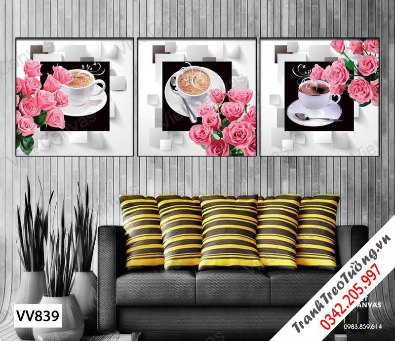 Bộ 3 Tranh Hoa Hồng Và Cà Phê