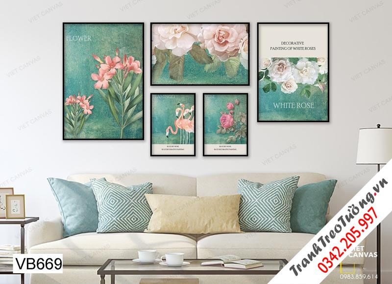 Bộ 5 Tranh Hồng Hạc Và Hoa Nở