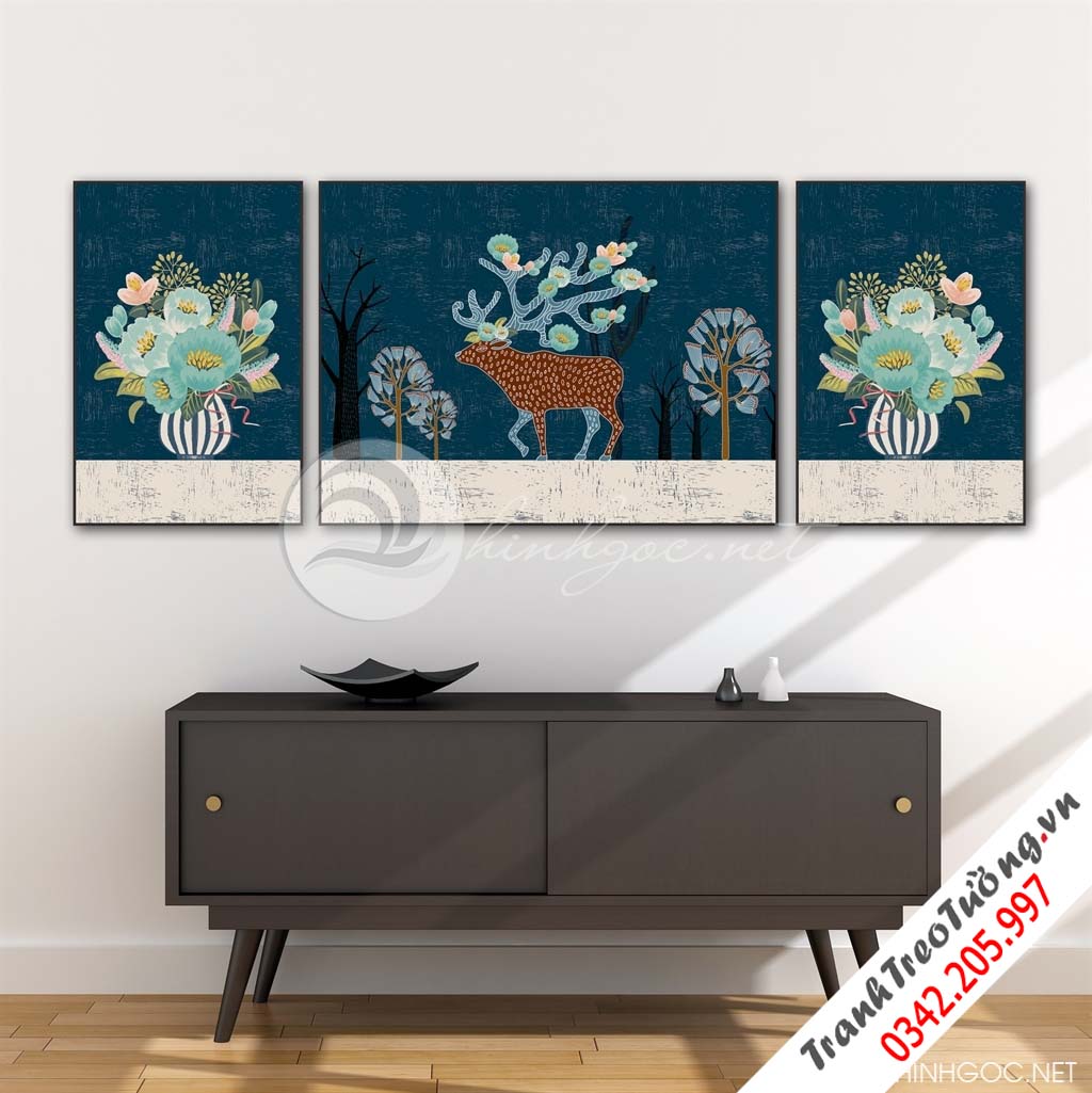 Tranh bộ bình hoa và hươu - KC231