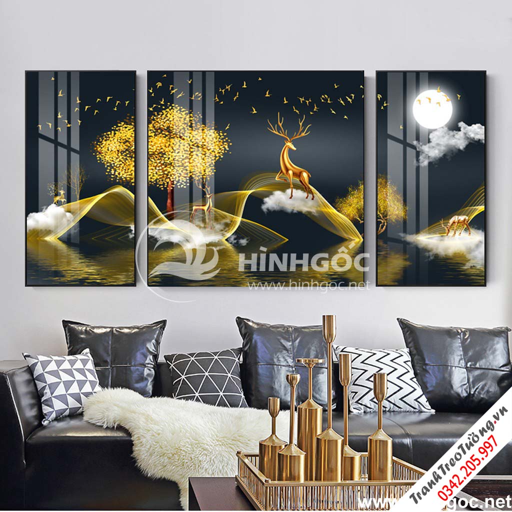 Tranh bộ 3 bức trừu tượng hươu và cây tuần lộc-COF-187