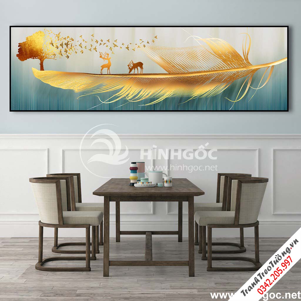 Tranh trừu tượng lông vũ và hươu vàng tuần lộc-COF-197