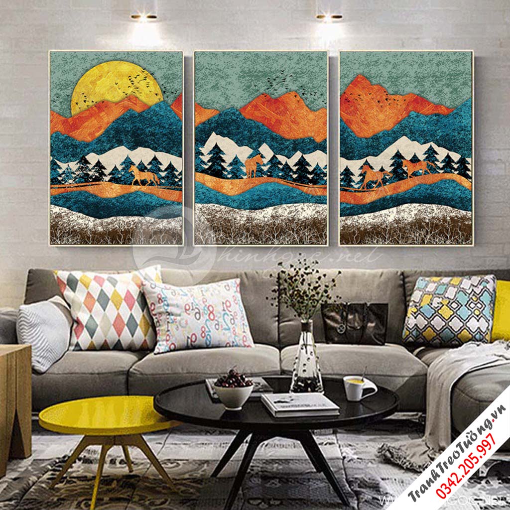 Tranh bộ 3 bức ngựa và dãy núi vàng-COF-214