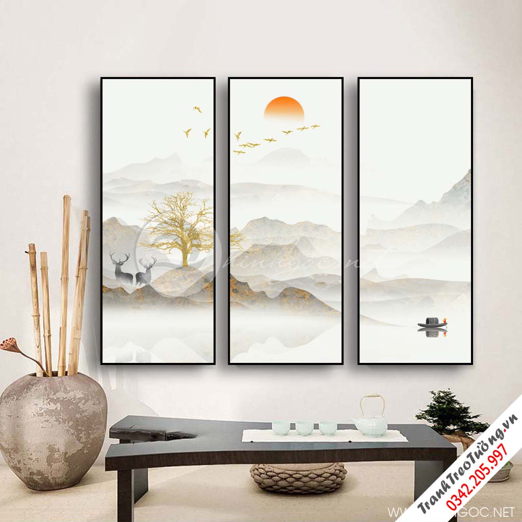 Tranh bộ 3 bức hươu và cây tuần lộc vàng-COF-415