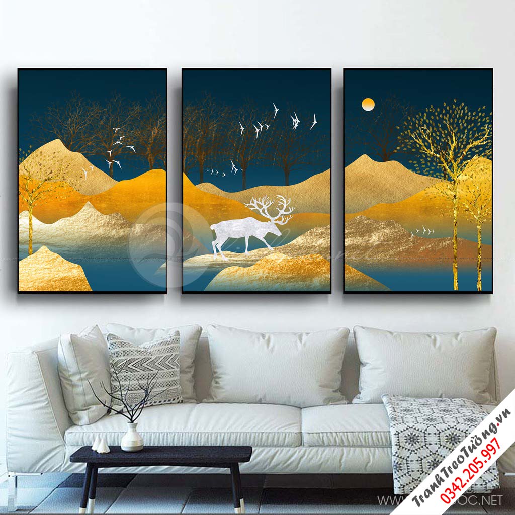 Tranh bộ 3 bức cây tuần lộc vàng và hươu trắng-COF-599