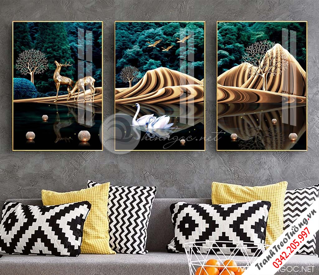 Tranh bộ hươu và thiên nga trong rừng - DEN75