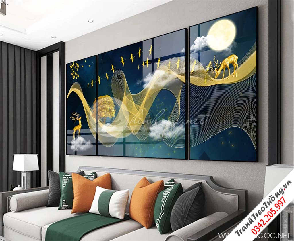 Tranh bộ 3 bức tranh trừu tượng dải vân vàng-GPD12