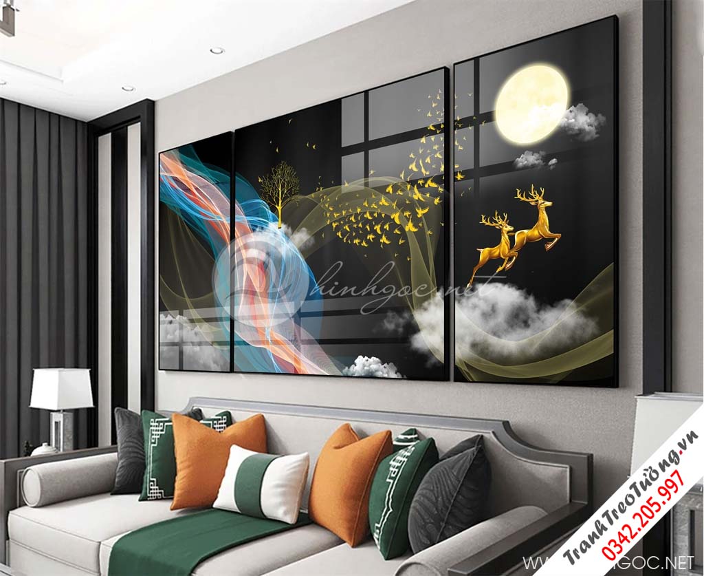 Tranh bộ 3 bức hươu và dải vân màu vàng-GPD69