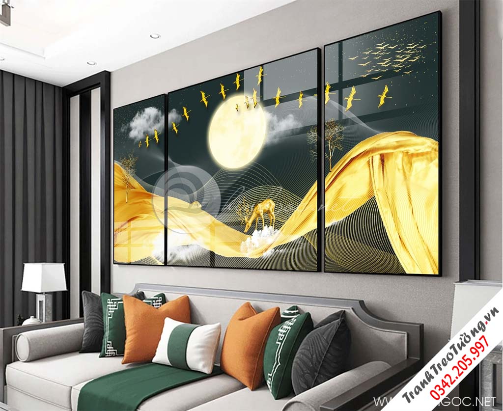Tranh bộ 3 bức hươu và dải vân màu vàng-GPD70