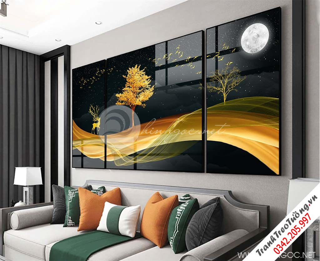 Tranh bộ 3 bức cây tuần lộc vàng và hươu-GPD72