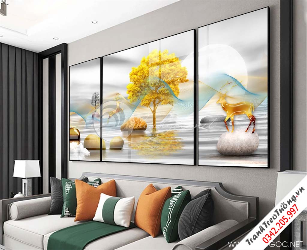 Tranh bộ 3 bức cây tuần lộc vàng và hươu-GPD73