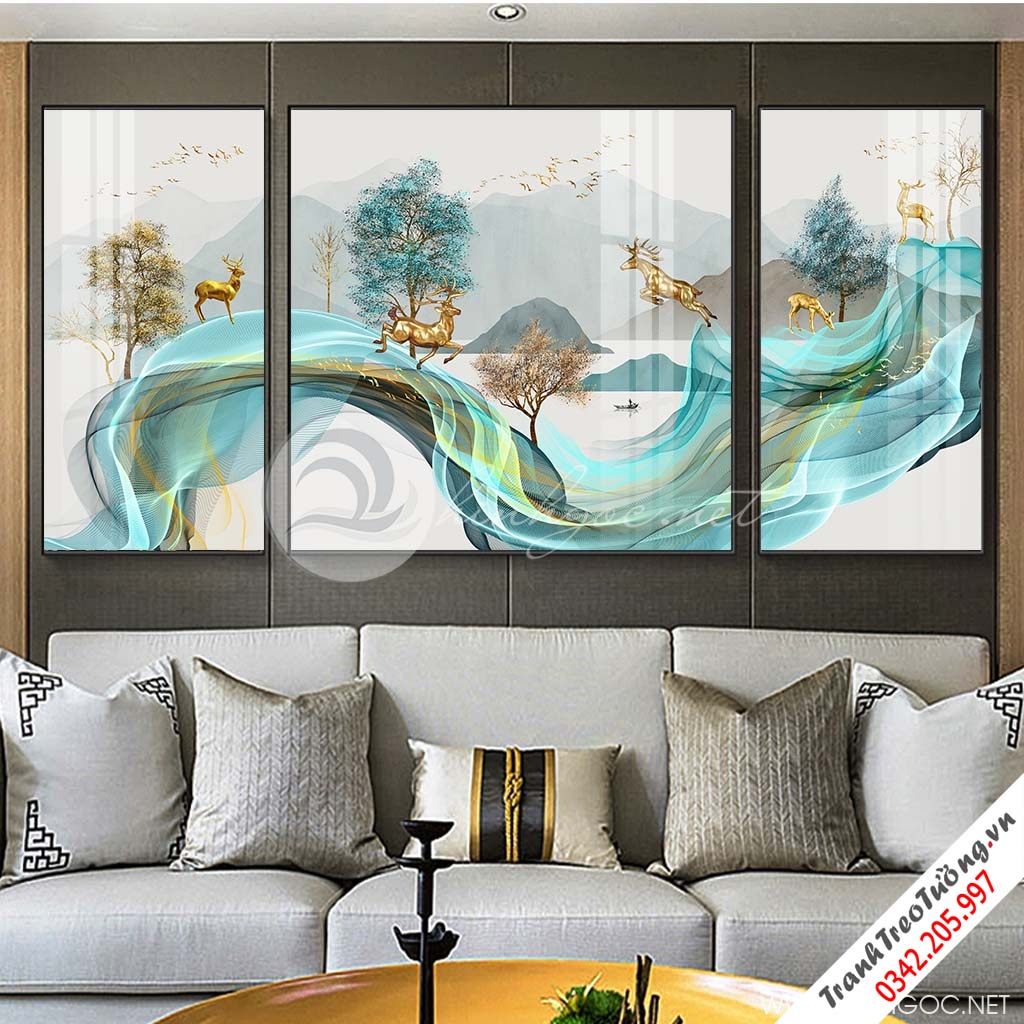 Tranh bộ 3 bức trừu tượng hươu và dải băng-GPD89