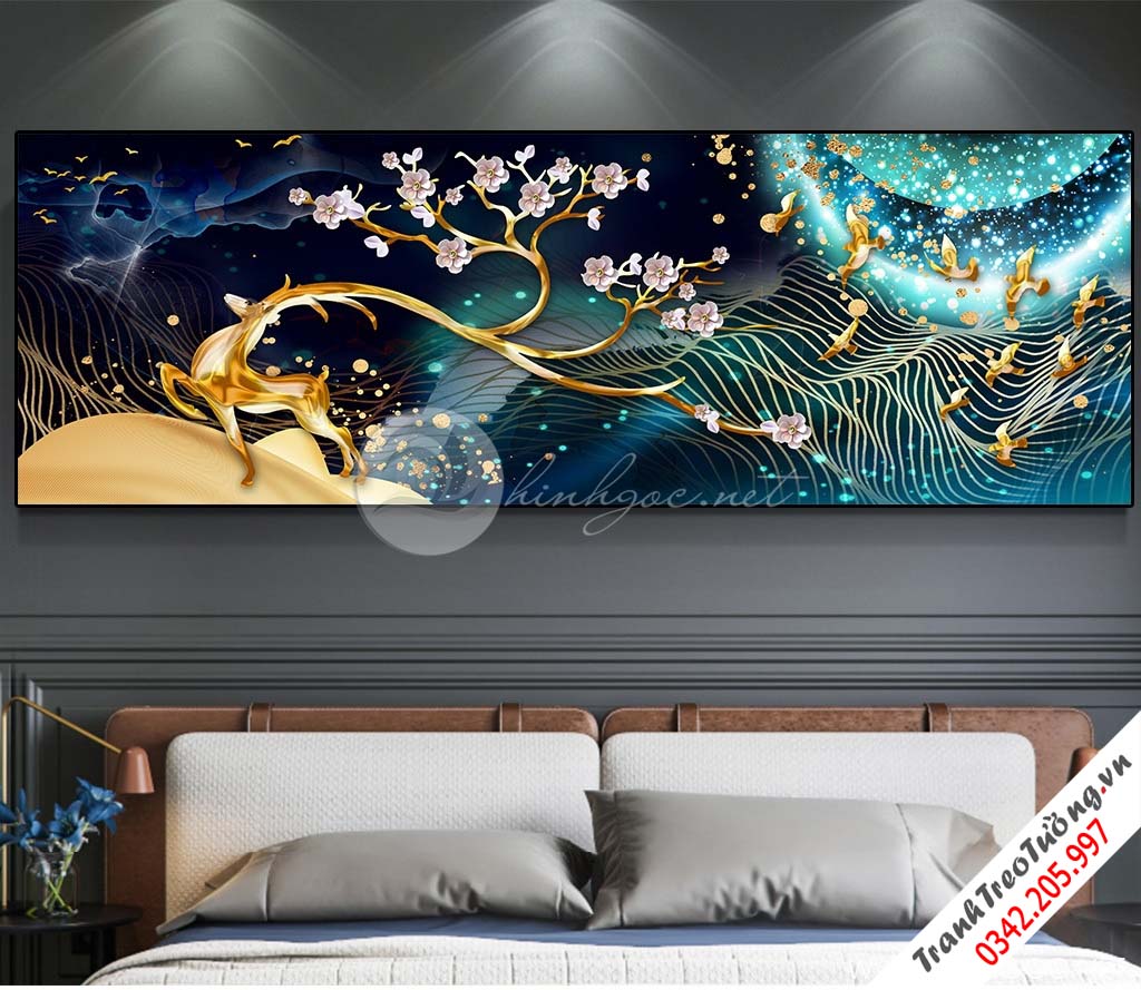 Tranh sừng hươu và hoa mai trắng - HEN66