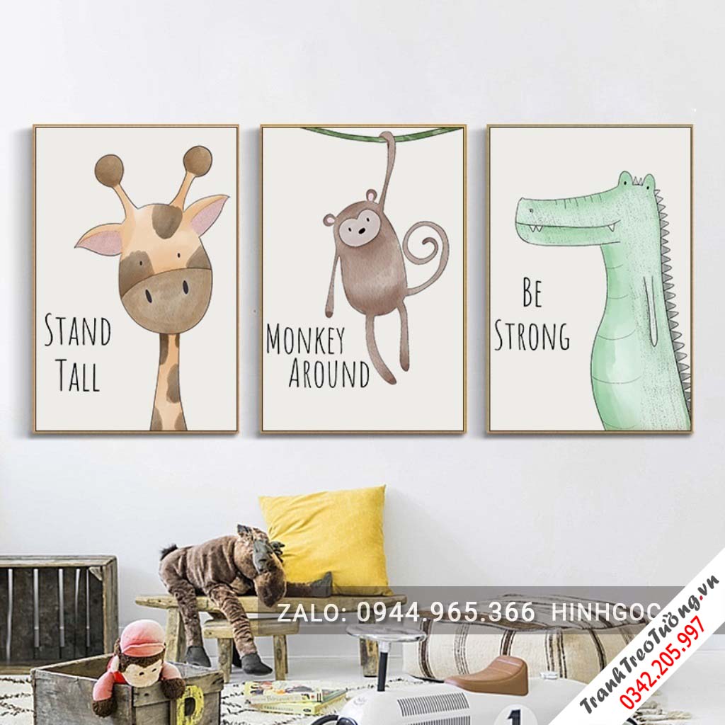 Tranh bộ 3 bức, khỉ và hươu cao cổ treo phòng ngủ cho bé-NDI117