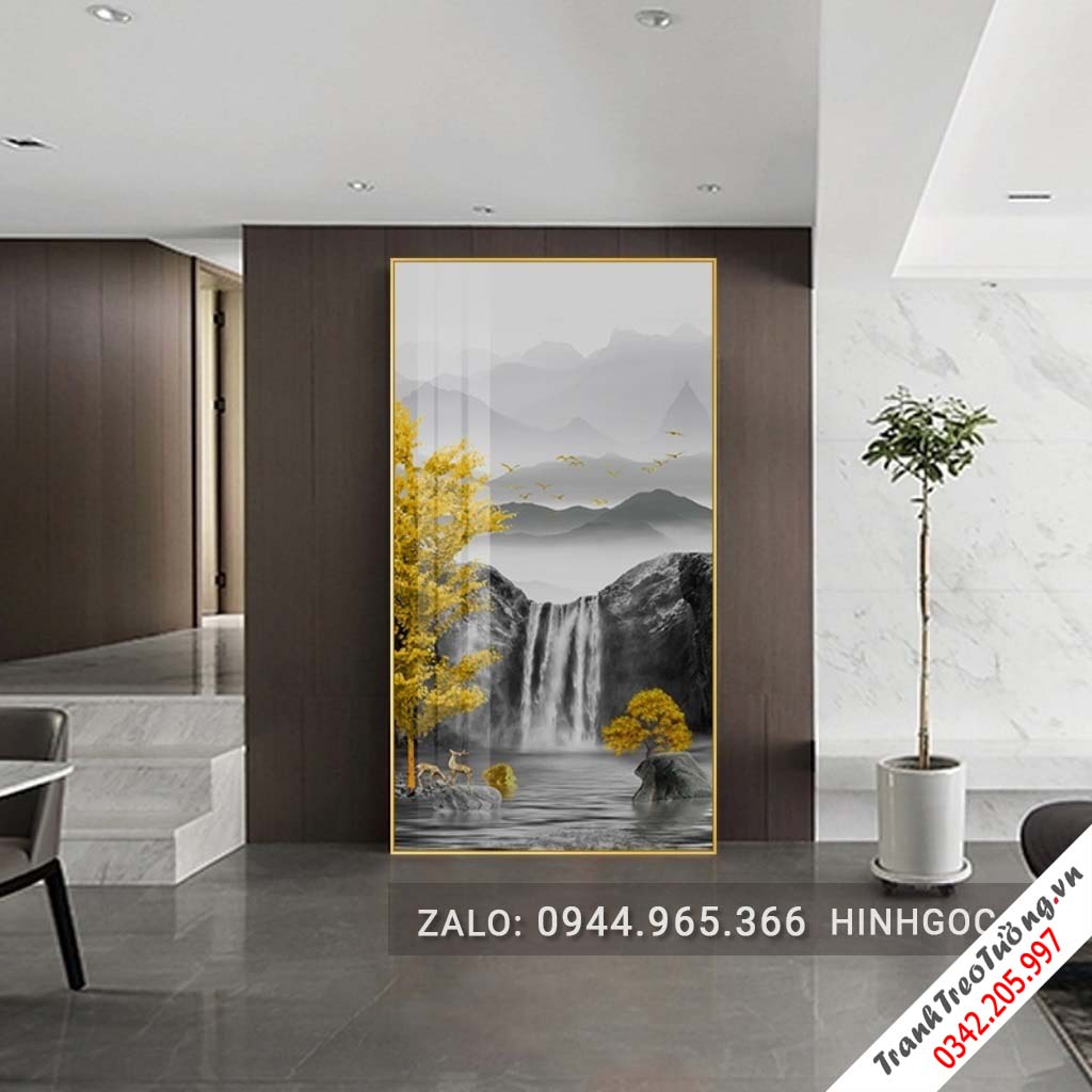 Tranh treo tường, sơn thủy hữu tình thác nước và hươu-NDI198