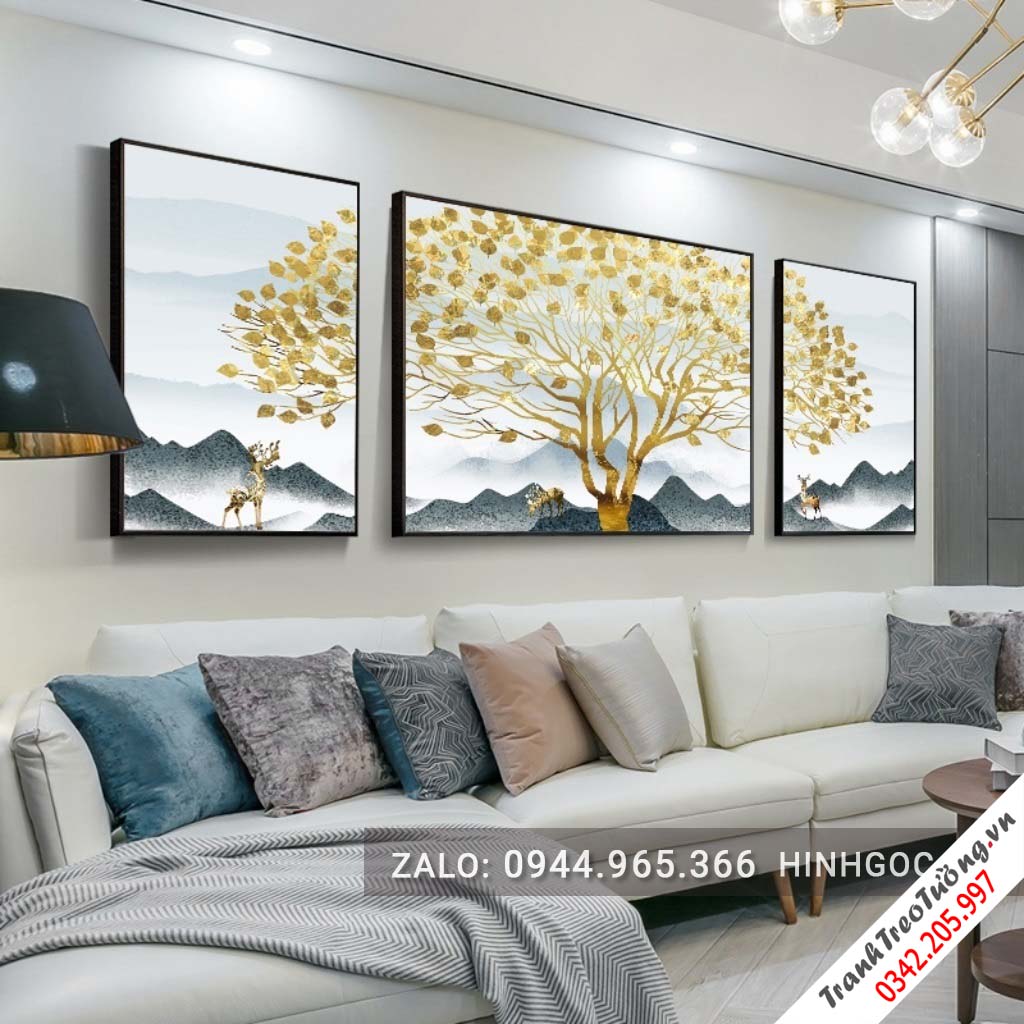 Tranh bộ 3 bức ghép cây tuần lộc vàng và hươu-NDI32