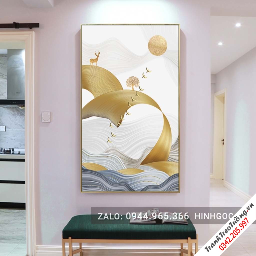 Tranh treo tường, dải vân vàng, hươu, cây trừu tượng-NDI85