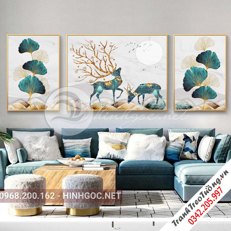 Tranh bộ 3 bức đôi hươu sừng vàng vá lá họa tiết-PLT-S-1001