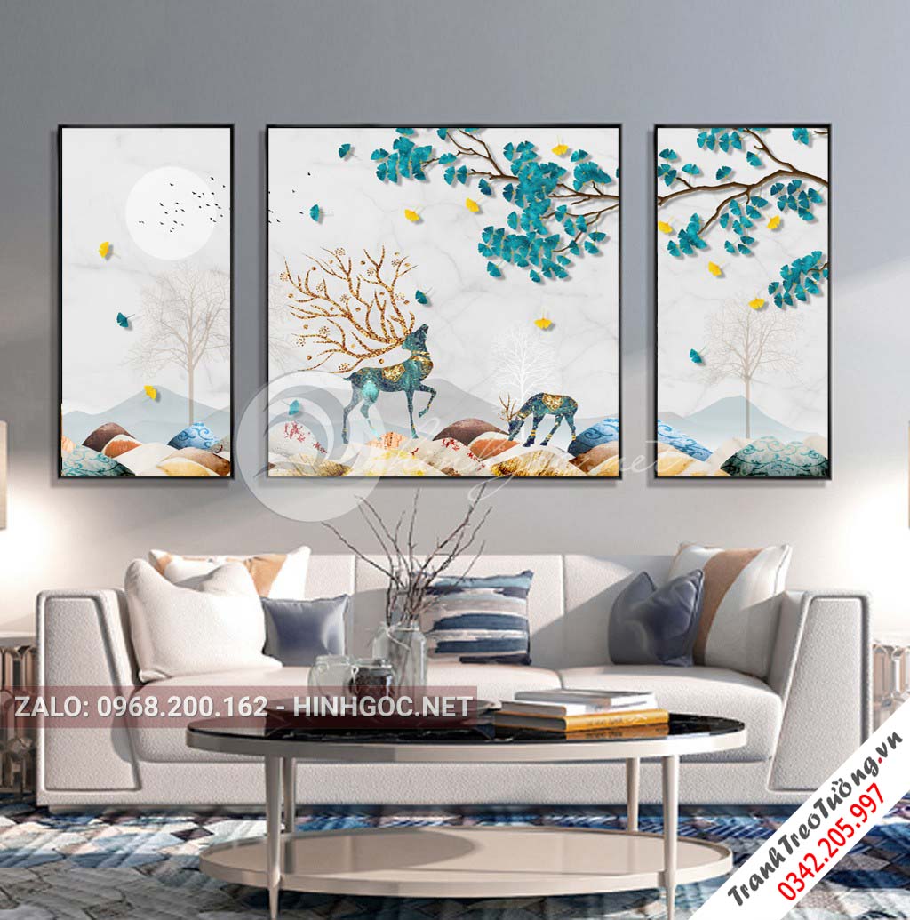 Tranh bộ 3 bức đôi hươu sừng vàng vá lá họa tiết-PLT-S-1003
