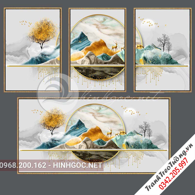 Tranh bộ 4 bức dãy núi trùng điệp, cây, hươu-PLT-S-1006