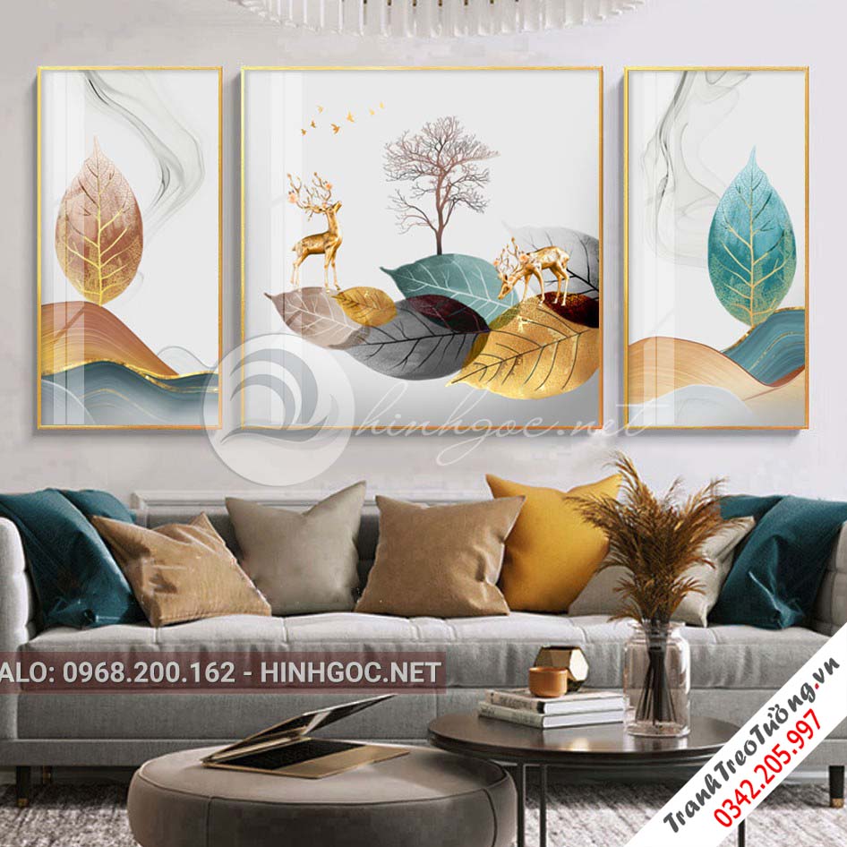 Tranh bộ 3 bức chiếc lá nghệ thuật, cây tuần lộc, hươu-PLT-S-1014