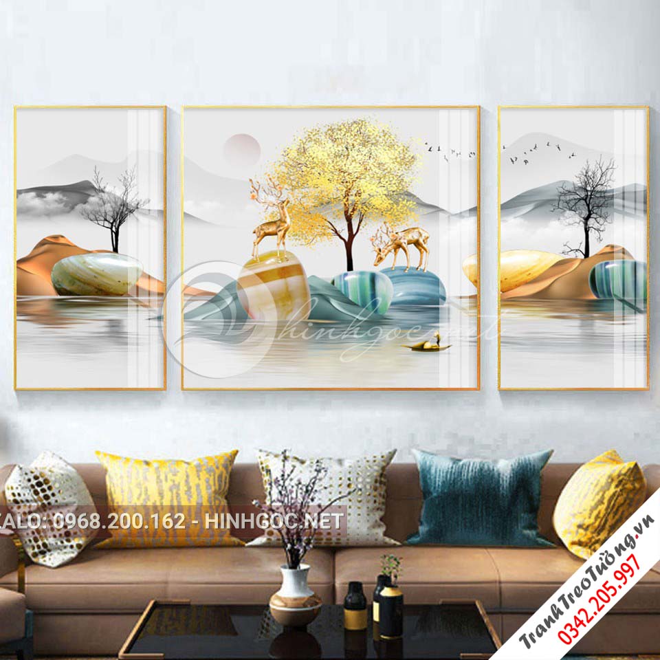 Tranh bộ 3 bức hươu đứng trên đá cuội, cây tuần lộc-PLT-S-1015