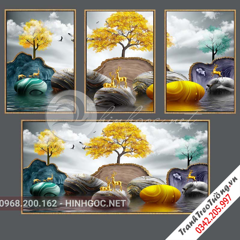 Tranh bộ 4 bức hươu đứng trên đá cuội, cây tuần lộc-PLT-S-1017