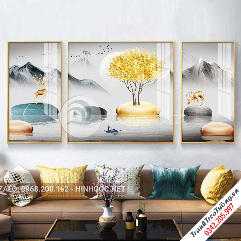 Tranh bộ 3 bức hươu đứng trên đá cuội, cây tuần lộc-PLT-S-1019