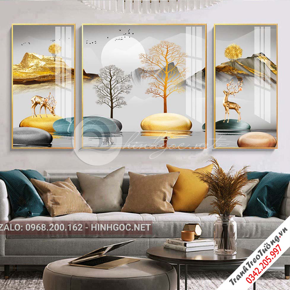 Tranh bộ 3 bức hươu đứng trên đá cuội, cây tuần lộc-PLT-S-1020