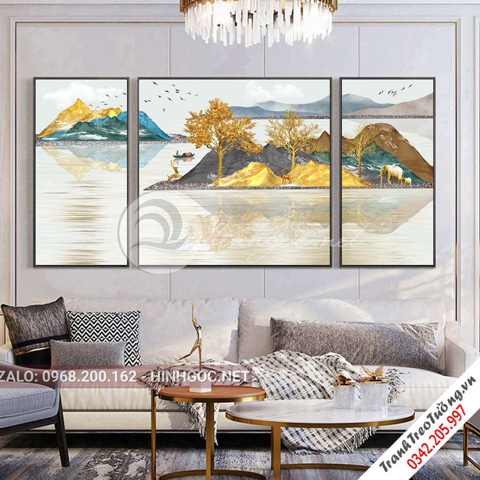 Tranh bộ 3 bức ghép hươu, voi đứng trên đá núi, sông nước-PLT-S-1021