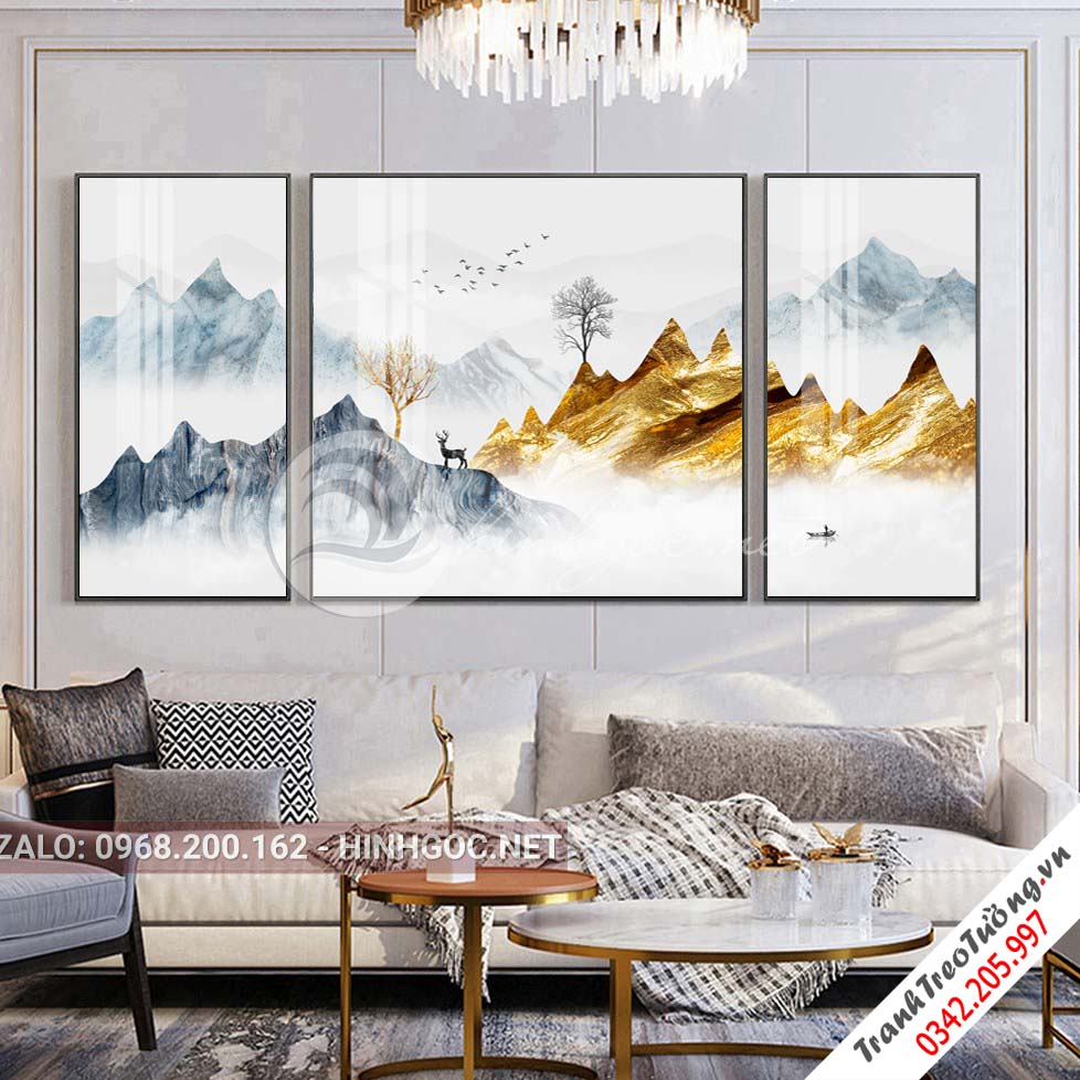 Tranh bộ 3 bức hươu, núi non, sông nước, cây-PLT-S-1023