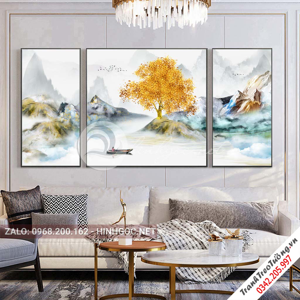 Tranh bộ 3 bức hươu, núi non, sông nước, cây-PLT-S-1024