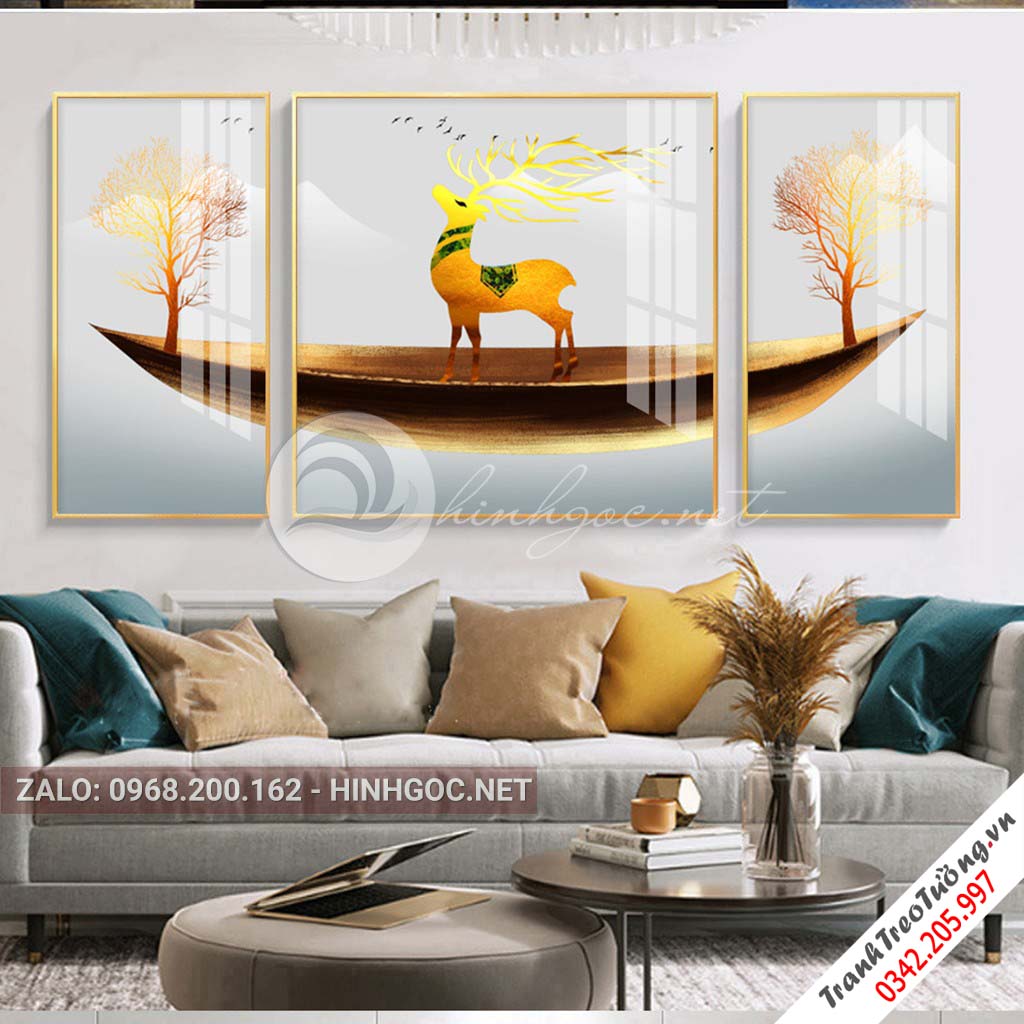 Tranh bộ 3 bức chiếc thuyền ghép nghệ thuật, hươu, núi non, sông nước-PLT-S-1025