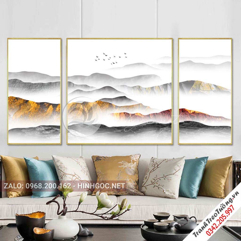 Tranh bộ 3 bức dãy núi trùng điệp và chim-PLT-S-1028
